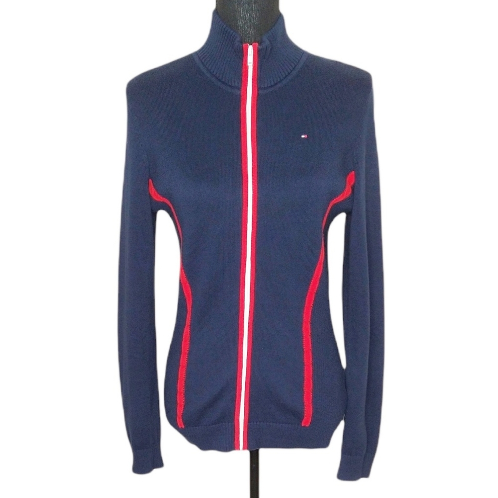 Tommy Hilfiger Women M Navy RARE May 2015 Front Zip Preppy Cardigan Sweater